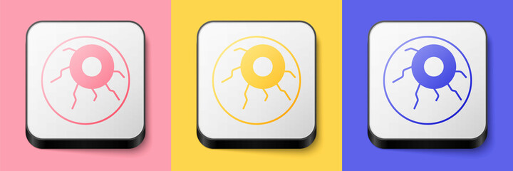 Isometric Eye icon isolated on pink, yellow and blue background. Happy Halloween party. Square button. Vector