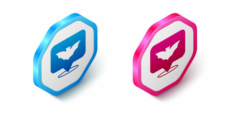 Isometric Flying bat icon isolated on white background. Happy Halloween party. Hexagon button. Vector