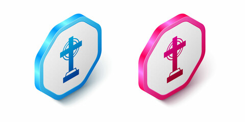 Isometric Tombstone with cross icon isolated on white background. Grave icon. Happy Halloween party. Hexagon button. Vector
