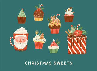 Set of Christmas sweets and drink. Vector illustration.