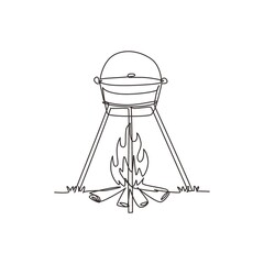 Single one line drawing cooking dinner in camping pot over bonfire. Cauldron and campfire. Outdoor grass, branch, stones. outdoor nature picnic. Continuous line draw design graphic vector illustration