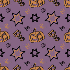 Vector cute halloween seamless pattern with pumpkins, Boo and stars for fabrics, paper, textile, gift wrap isolated on purple background in cartoon style