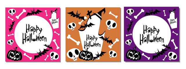 Vector set of halloween posters with pumpkins, skull, bat for greeting cards, invitations, fabrics, paper, textile, gift wrap isolated on black background in cartoon style