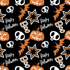 Vector cute halloween seamless pattern with pumpkins, skull, Boo, bat for fabrics, paper, textile, gift wrap isolated on black background in cartoon style