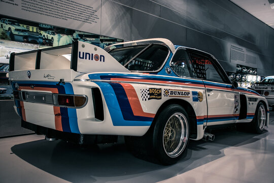 Munich/ Germany - May, 24 2019:BMW 3.0 CSL 1975 classic German touring race old 1970s car known as 'Batmobile' in BMW Museum/ BMW Welt