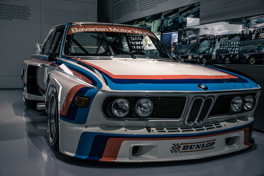 Munich/ Germany - May, 24 2019:BMW 3.0 CSL 1975 classic German touring race old 1970s car known as 'Batmobile' in BMW Museum/ BMW Welt