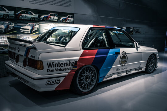 Munich/ Germany - May, 24 2019:BMW 3.0 CSL 1975 classic German touring race old 1970s car known as 'Batmobile' in BMW Museum/ BMW Welt