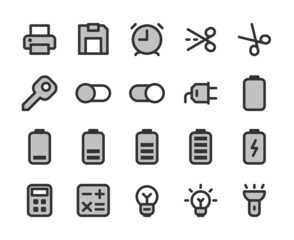 Collection of bicolor pixel perfect icons: User interface. Set #4.  Built on  base grid of  32 x 32  pixels. The initial base line weight is 2 pixels. Editable strokes