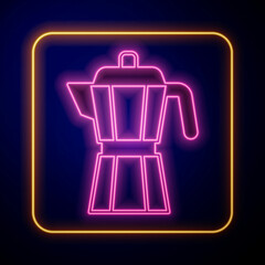 Glowing neon Coffee maker moca pot icon isolated on black background. Vector