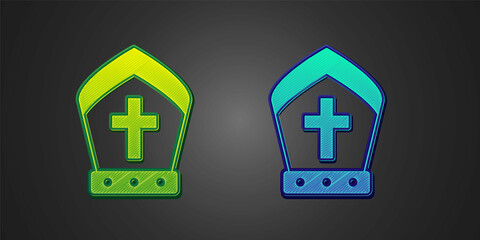 Green and blue Pope hat icon isolated on black background. Christian hat sign. Vector