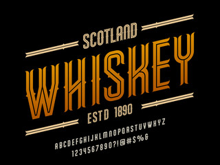 Vintage whiskey and bourbon label style alphabet design with uppercase, numbers and symbols - obrazy, fototapety, plakaty