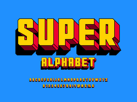 Superhero comic style vector font with uppercase, numbers and symbols