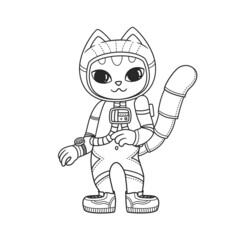 Cute dancing cat in a spacesuit. Astronaut kitten. Vector illustration isolated on white background.
