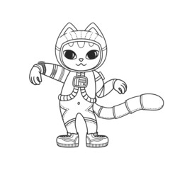 Cute dancing cat in a spacesuit. Astronaut kitten. Vector illustration isolated on white background.