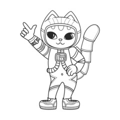 Cute dancing cat in a spacesuit. Astronaut kitten. Vector illustration isolated on white background.