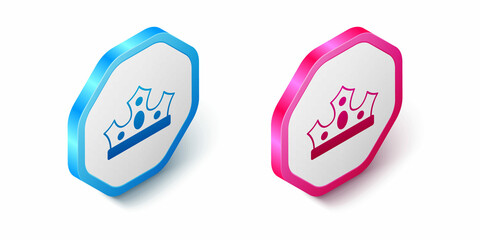 Isometric King crown icon isolated on white background. Hexagon button. Vector