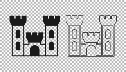 Black Castle icon isolated on transparent background. Medieval fortress with a tower. Protection from enemies. Reliability and defense of the city. Vector