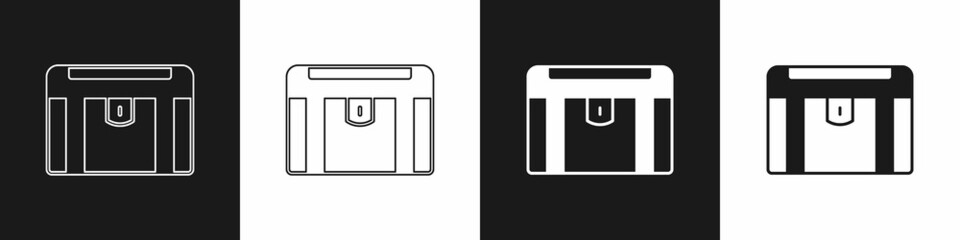 Set Antique treasure chest icon isolated on black and white background. Vintage wooden chest with golden coin. Vector