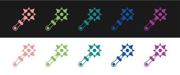 Set Medieval chained mace ball icon isolated on black and white background. Morgenstern medieval weapon or mace with spikes. Vector