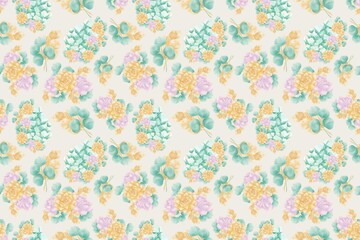 Fototapeta na wymiar Decorative, bright seamless pattern of illustrations of flowers of succulents, twigs, leaves of green, orange, pink on a beige background