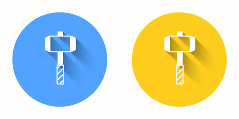 White Medieval battle hammer icon isolated with long shadow background. Circle button. Vector