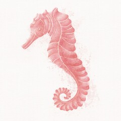 Seahorse, coral-colored watercolor illustrations with splashes on a white background