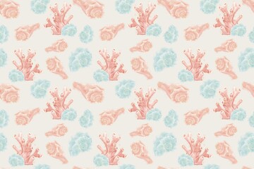 Seamless pattern on a marine theme with illustrations of corals and shells in red and blue colors