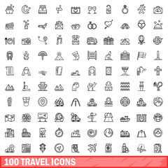 100 travel icons set. Outline illustration of 100 travel icons vector set isolated on white background