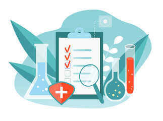 vector hand drawn illustration on the theme of medical analyzes, tests. test tubes, flasks, blood vials, questionnaire. trend illustration in flat style