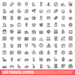 100 travel icons set. Outline illustration of 100 travel icons vector set isolated on white background