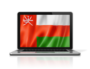 Oman flag on laptop screen isolated on white. 3D illustration