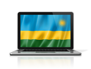 Rwanda flag on laptop screen isolated on white. 3D illustration