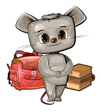 Little Mouse wants to go to school. Backpack and books. A cute baby animal dreams of learning. Picture in cartoon style. Isolated over white background. Vector