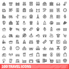100 travel icons set. Outline illustration of 100 travel icons vector set isolated on white background