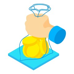 Transparency icon isometric vector. Transparent bag of gold coin in the hand. Financial technology, digital money, virtual currency, cryptocurrency concept