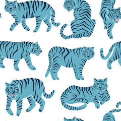 Fototapeta na wymiar Seamless pattern with tigers in diffirent poses. HAnd drawn vector illustration