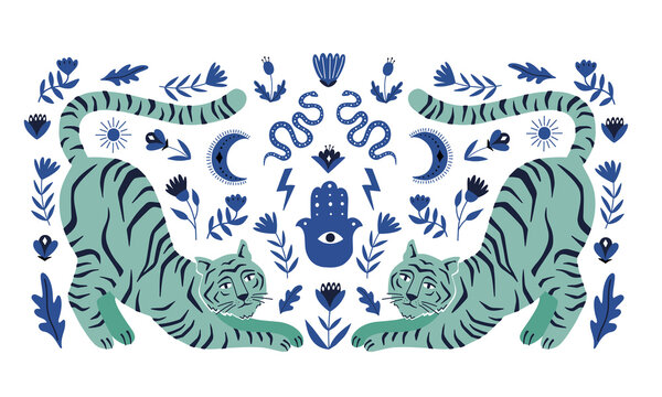 Symmetrical concept with  tigers and mystical boho elements. Hand drawn vector illustration