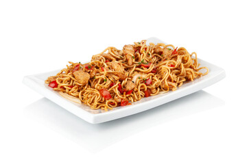 Plate of yakisoba noodles on white background. Asian food