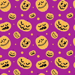Fototapeta premium Pumpkin with different emotions, jack lantern symbol of halloween seamless pattern. Stock vector illustration. 