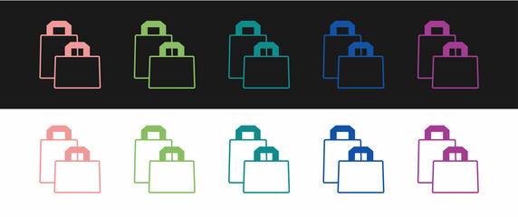 Set Paper shopping bag icon isolated on black and white background. Package sign. Vector