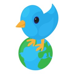 Social network icon isometric vector. Blue little tweeting bird on the globe. Globe communication concept