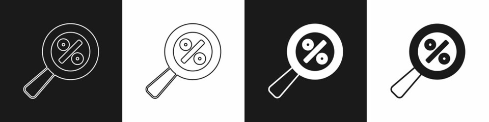 Set Magnifying glass with percent discount icon isolated on black and white background. Discount offers searching. Search for discount sale sign. Vector