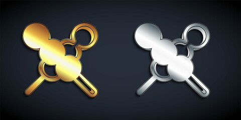 Gold and silver Meatballs on wooden stick icon isolated on black background. Skewer with meat. Long shadow style. Vector