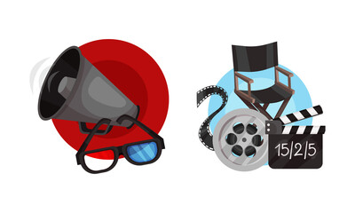 Obraz premium Cinema Elements with Director Chair and Magaphone Vector Composition Set