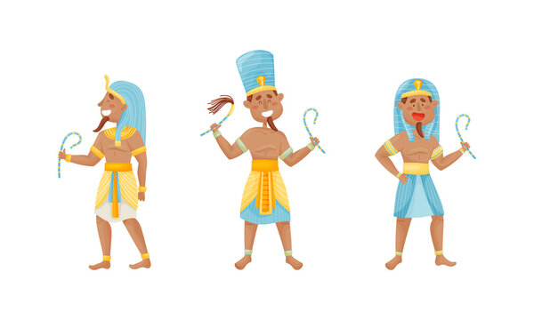 Egyptian God and Deities Wearing Antique Clothing and Holding Crook Vector Set
