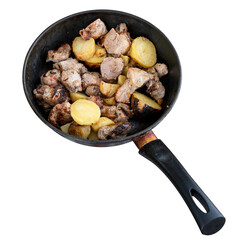 high resolution photo of frying pans with food meat on white background