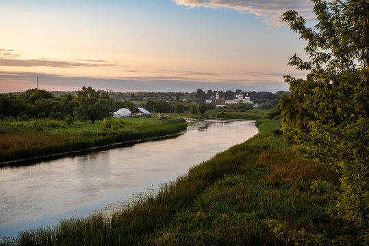 the Seim river at sunset with the Rylsky St. Nicholas Monastery