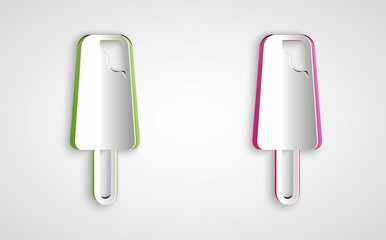 Paper cut Ice cream icon isolated on grey background. Sweet symbol. Paper art style. Vector