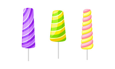 Twisted and Swirling Lollipop on Stick as Sugar Candy for Sucking or Licking Vector Set