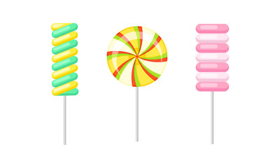 Twisted and Swirling Lollipop on Stick as Sugar Candy for Sucking or Licking Vector Set